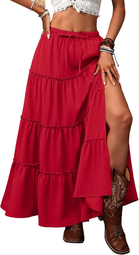 ELLEVEN Women's Summer Slit Tiered Maxi Skirt - Boho A-Line Elastic Waist Long Skirts with Pockets, X- Large 