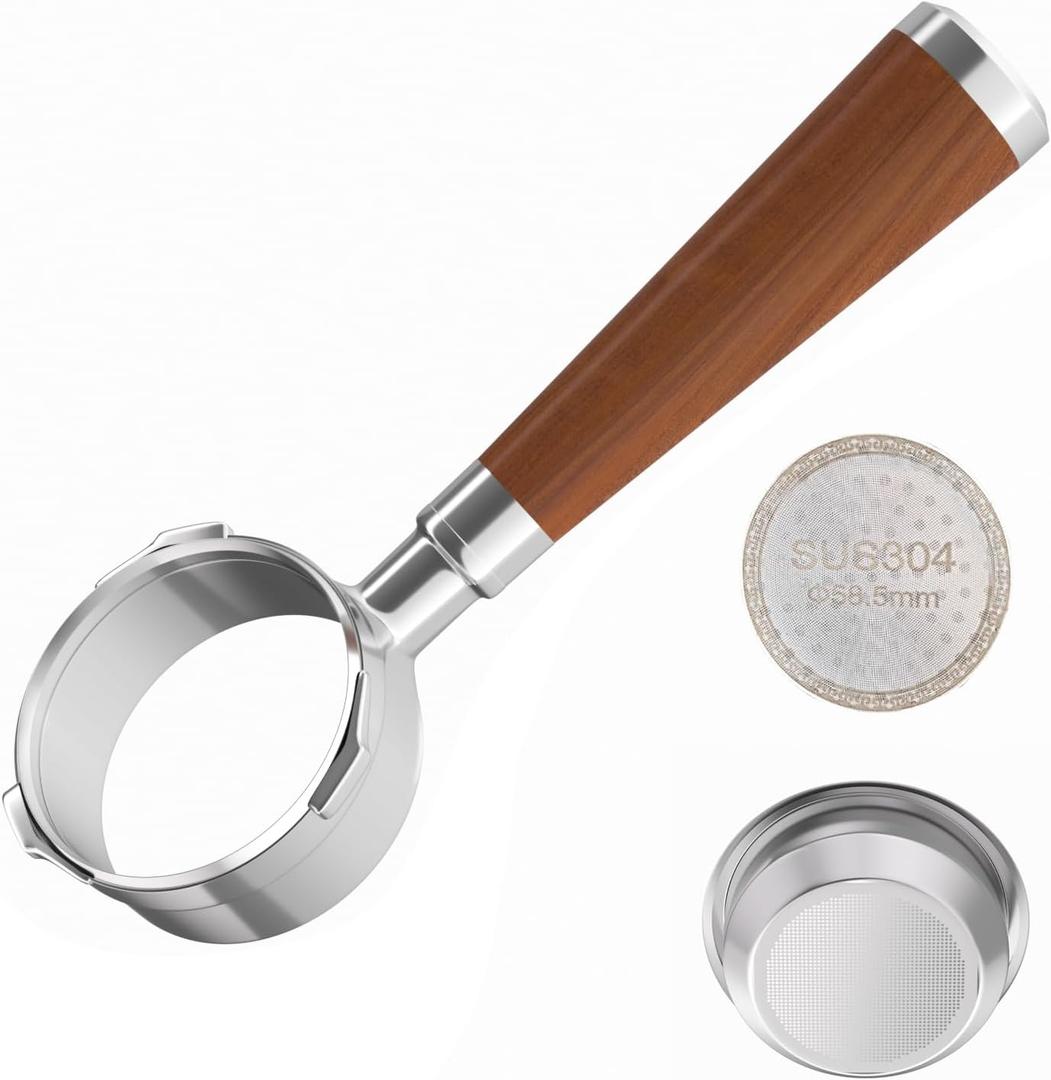 Espresso Bottomless Portafilter 3 Ears,with 304 Stainless Steel Filter Basket and Red Wood Handle,Great Coffee Accessories Tools for Home (51mm)