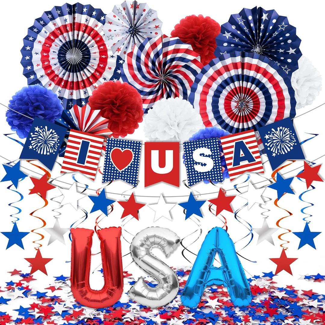 4th of July Decorations, 33PCS Patriotic Memorial Day Decorations Set with Banner, USA Balloons, Paper Fans, Star Streamer, Hanging Swirls, Paper Pom Poms for Fourth of July Red White and Blue