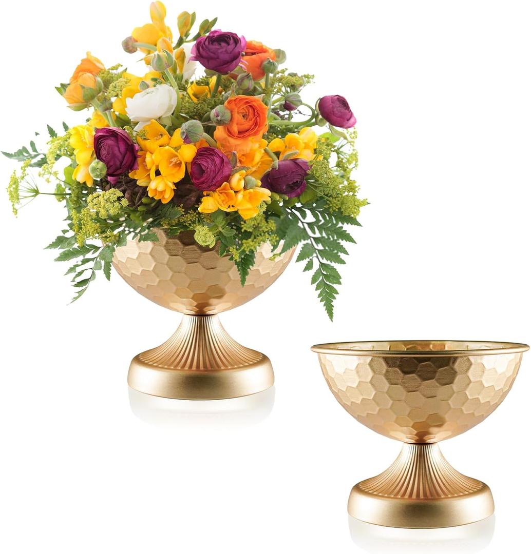 Gold Metal Urn Vases 2 Pcs - 7.5 Inch Vintage Hammered Pedestal Flower pots for Wedding Centerpieces, Elegant Floral Arrangement Vase Decor, Anniversary Party Home Decoration