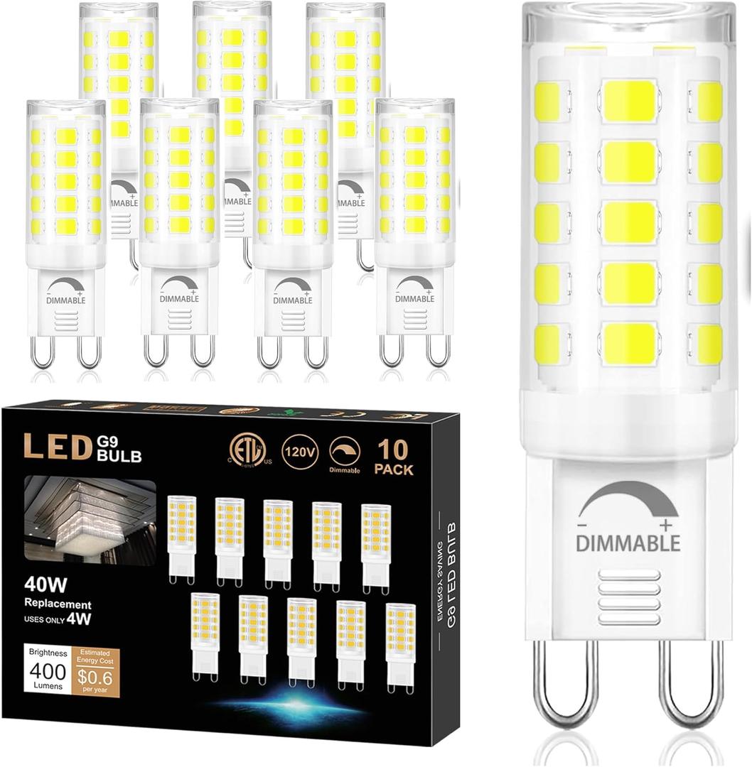 winshine G9 LED Bulb Dimmable 6000K Daylight 4W, 40Watt G9 Halogen Equivalent G9 Bi Pin Base,T4 Chandelier Lighting No-Flicker Light Bulb 120V AC, 10 Pack (10 Count (Pack of 1), G9 6000k Daylight)