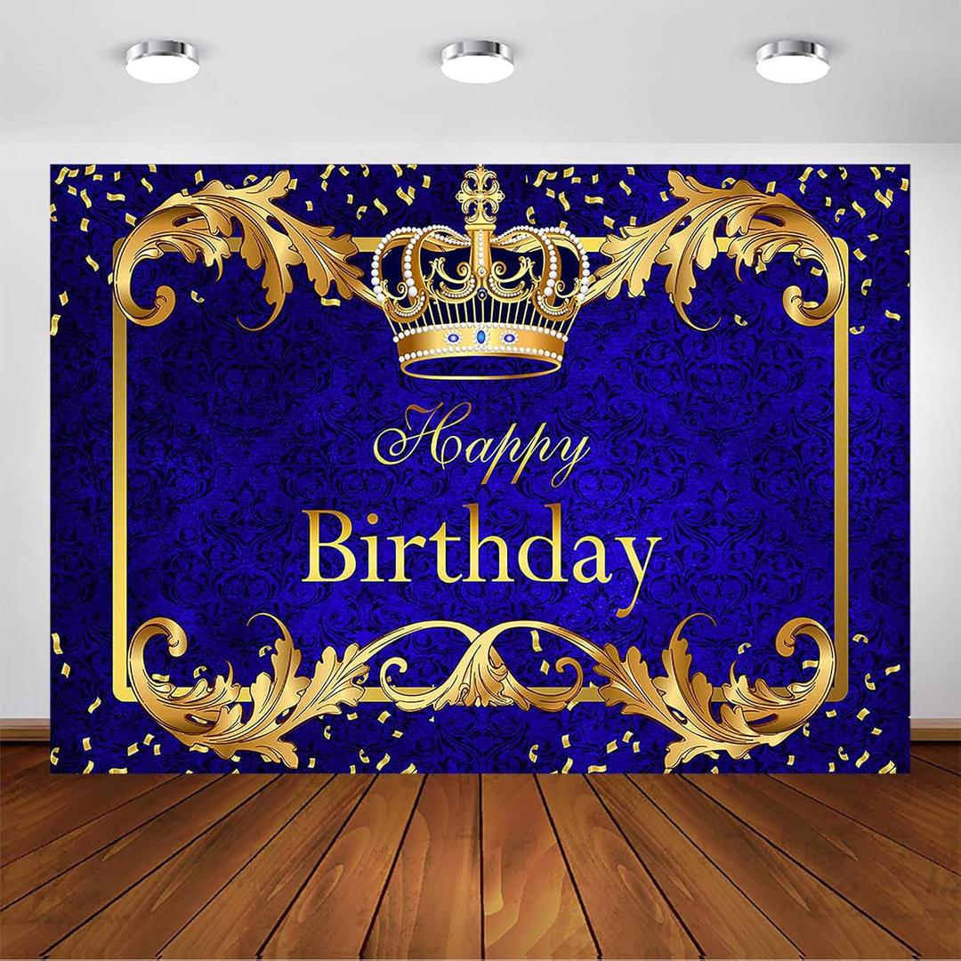 Prince Birthday Party Backdrop for Boy's Royal Blue and Gold King Crown Party Decoration Photography Background Royal Little Prince Happy Birthday Party Banner Photoshoot (7x5ft)