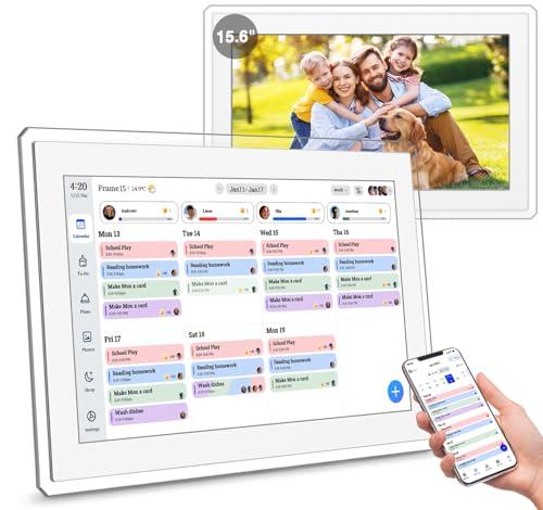 Digital Calendar Wall Touch Screen, 15.6 Inch Smart Wall-Mounted HD Electronic Family Calendar & Chore Chart with Meal Planner, Built-in Digital Photo Frame, Includes Desk Stand & Refills (White)