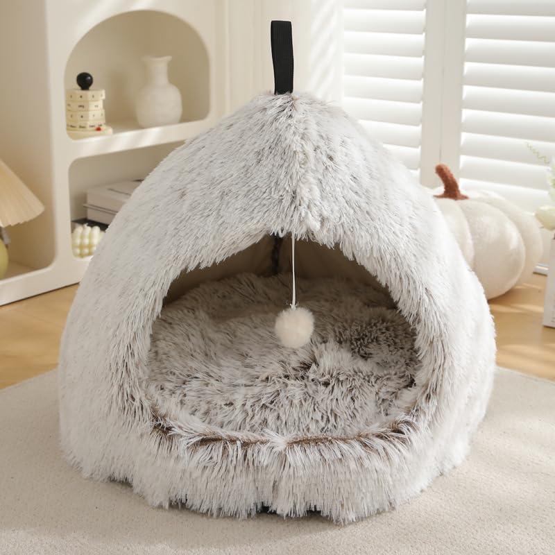 Hezotco Large Cat Bed for Indoor Cats, Soft Fluff Indoor Dog House& Cat Cave for Small Dogs Pet House for Puppy with Cat Teasing Ball 22.8"*18.5"*22.8"(Coffee+White)