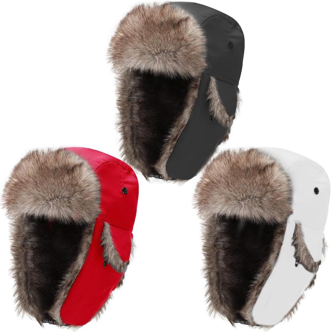 Coume 3 Pieces Russian Trapper Ushanka Hats for Men Women Warm Windproof Winter Hats with Ear Flaps Classic Style (As the Picture Shows)