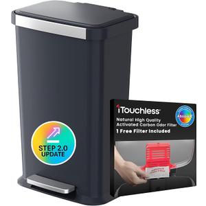iTouchless 50 Liter / 13.2 Gallon Step 2.0 Technology SoftStep Kitchen Trash Can with Odor Filter, Dent-Proof Construction, Stainless Steel Trim, for Home, Office, Bedroom, Restroom, Black Plastic