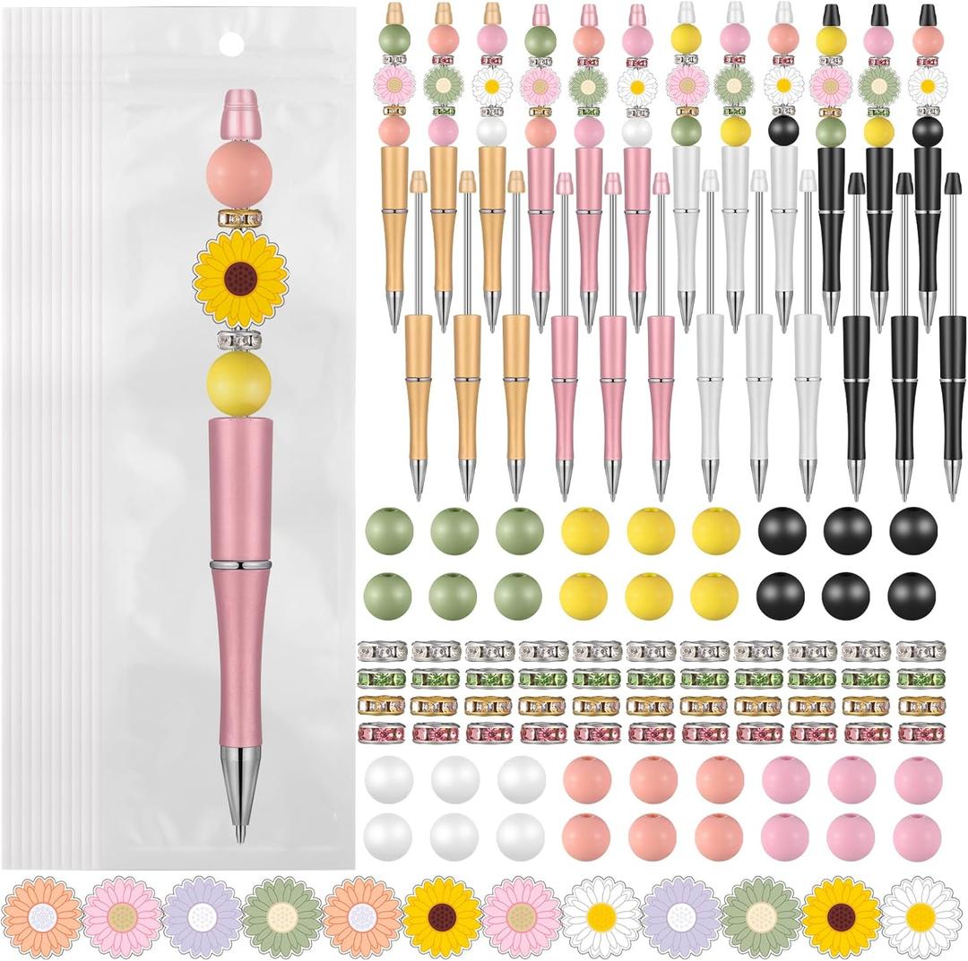 Colarr 24 Sets Plastic Beadable Pens DIY Pens Making Kit Assorted Wood Beads Crystal Spacer Black Ink Ballpoint for Women Crafts Office Family Gifts(Daisy)