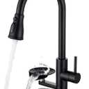 Matte Black Kitchen Faucet with Glass Rinser, Pull Down Sprayer with 3 Water Modes, Single Handle Stainless Steel Kitchen Sink Faucet with Deck Plate, Modern High Arc Design