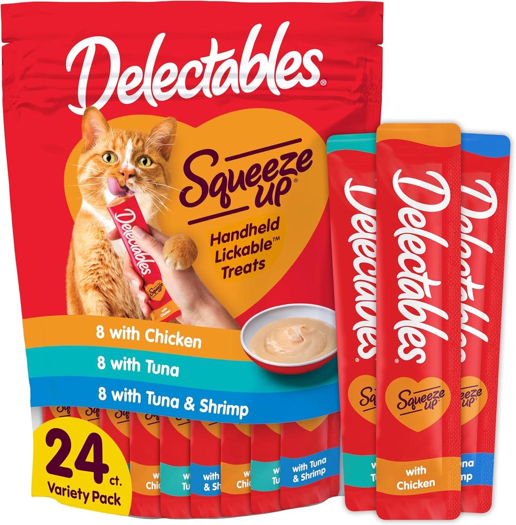 Delectables Squeeze Up Variety Pack, Creamy Squeezable Puree, Lickable Wet Cat Treats, Grain Free, No Added Fillers, No By-Products, No Added Preservatives, 0.5 Ounces Tube, 24 Tubes Total (EXP 12/24/27)