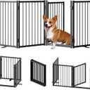 Full Metal Freestanding Dog Gate with Door, 24'' Height Foldable Pet Dog Fence for Indoor & Outdoor, 4 Panels Extra Wide Free Standing SmallDog Gates for Doorways,House,Stairs,Porch,Deck,Yard (4 Panels with Door80"W*24H", Black)