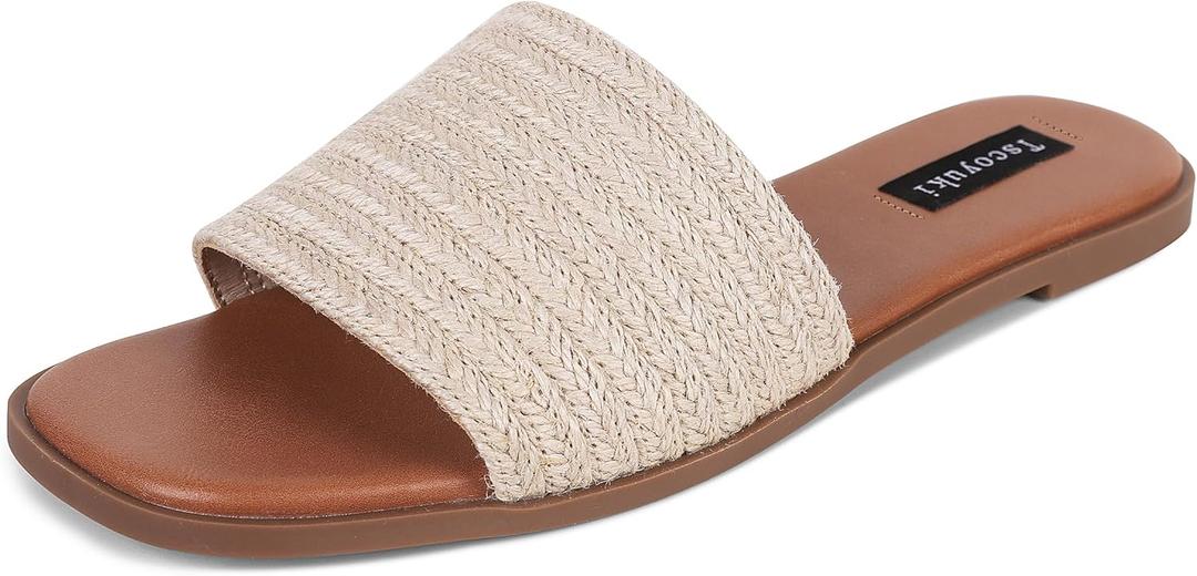 Tscoyuki Slides Sandals for Women Basic Slip On Flat Sandals Open Toe Comfort Beach Sandals Slippers for Casual Dressy Summer (7.5, Natural Raffia)