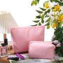 Huhumy 2 Pcs Makeup Bag Set Cute Cosmetic Pouch for Women Seersucker Travel Toiletry Bag Preppy Small Makeup Purse Pouch Aesthetic Skincare Brushes Storage Organizer for Valentine Women(Rose Pink)