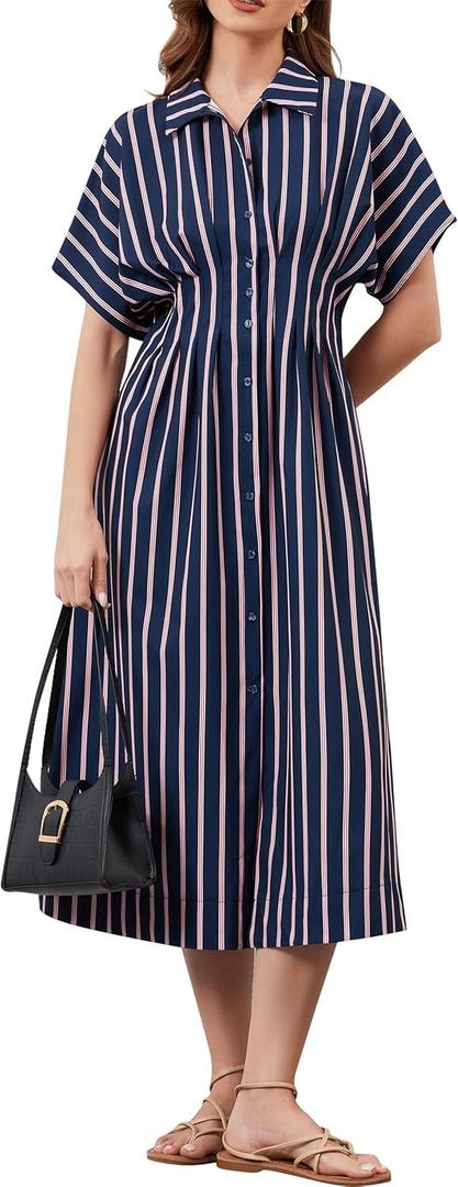 Women's Striped Button Front Pleated Maxi Shirt Dress Short Sleeve Collar V Neck Summer Casual Corset Long Dress (Blue, XL)