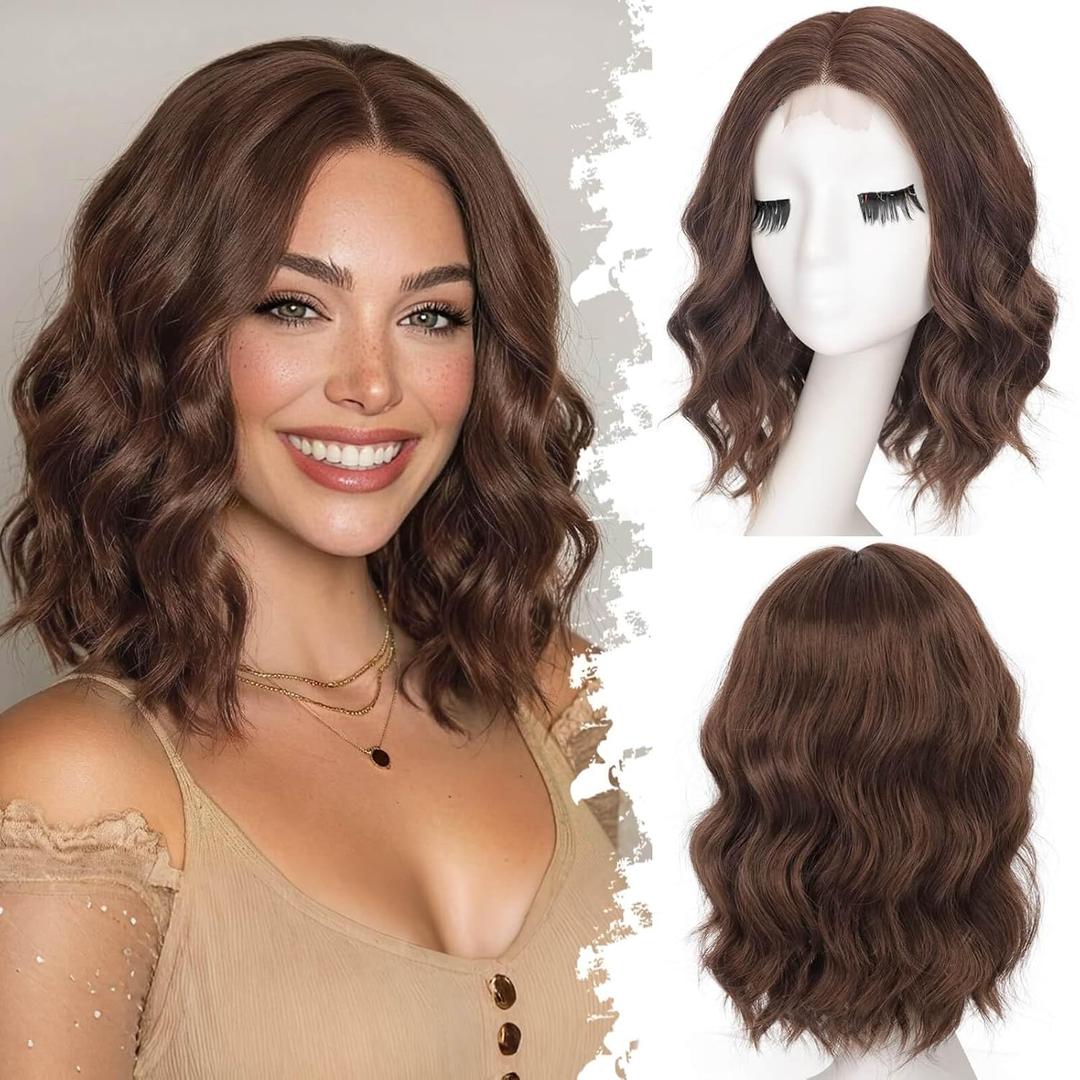 Eawwii Chestnut Brown Short Wavy Wig for Women Lace Hairline Bob Style Synthetic Heat Resistant - Natural Appearance for Everyday Hairstyle 14 Inch