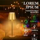 2-Pack Gold RGB Cordless Table Lamp, 5200mAh RGB 8 Modes & Touch Control Rechargeable Battery Desk Lamp, IP54 Waterproof Outdoor Table lamp for Bedroom/Outdoor/Restaurant/Camping/Bars(Gold)