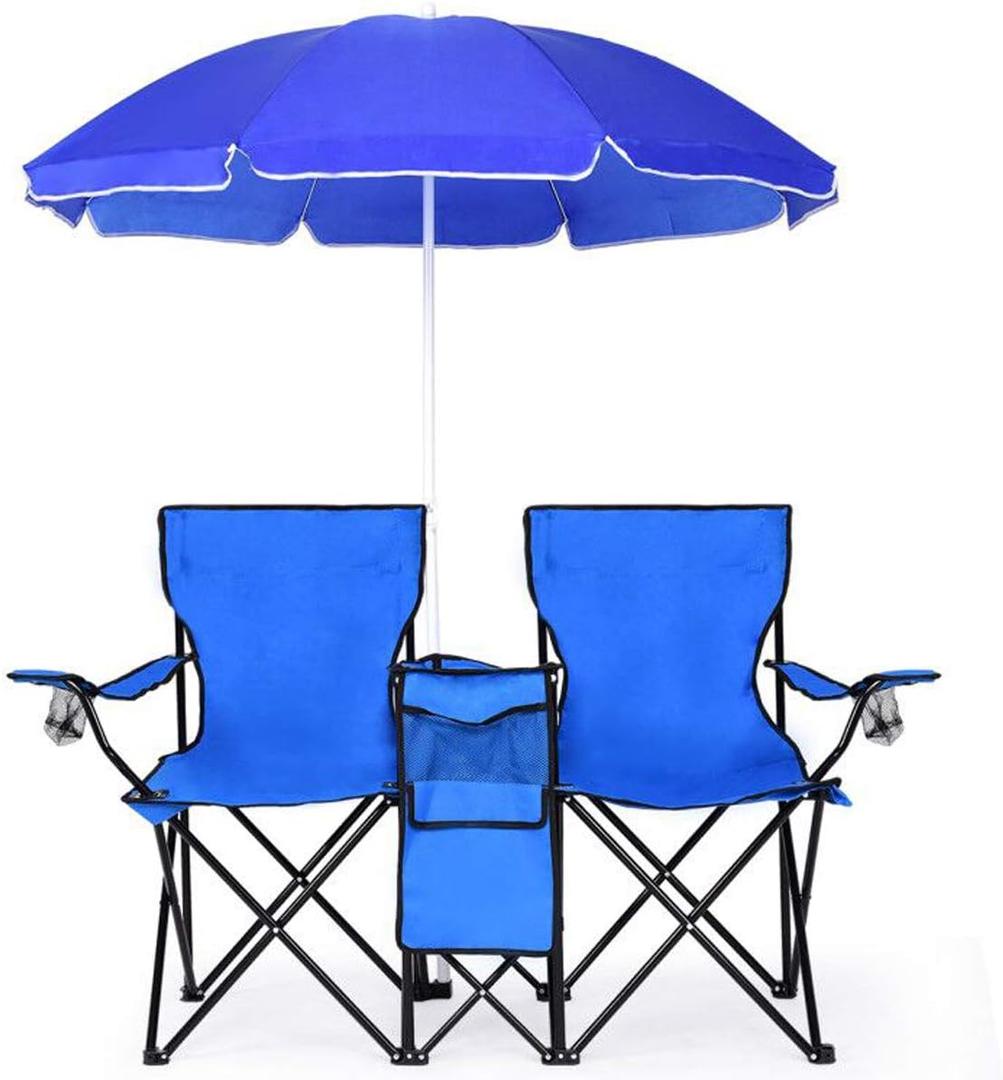 Goplus Double Camping Chair with Umbrella, Folding Loveseat Chairs w/Canopy Shade, Carrying Bag, Table, Cup Holder, Portable Beach Chairs Outdoor Picnic Patio Light Blue
