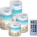Beach Starfish Seashell Flameless Light Candles Battery Powered with Timer Remote Color Chaging Pillar Candle with Warm Yellow Color Changing Light Pack of 4