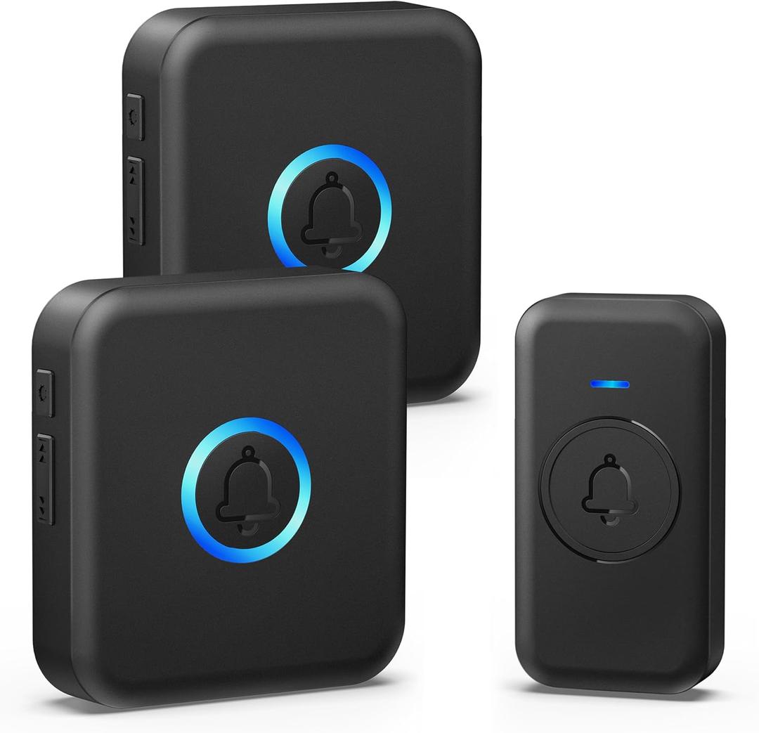  Wireless Doorbell, Waterproof Door Bell with 60 Chimes, 5 Volume Levels & 2 Mute Modes, Loud Door Bell Ringer Wireless for Home Classroom Office (2 Receiver & 1 Button, Black, American Plug)