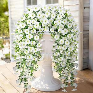 Artificial Hanging Flowers for Outdoors, 2 PCS 300 Blooms UV Resistant Morning Glory Faux Silk Vines, No-Odor Realistic Fake Plants for Garden Planter Porch Patio Decoration, White
