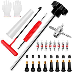 22PCS Tire Valve Stem ToolQuick Change Valve Installer Kit with TR413/TR414 Valve Stems,Valve Stem Removal Tool,4-Way Valve Core Removal Tool,T-Handle Puller,Push Rod&GlovesFits Cars,Trucks and More