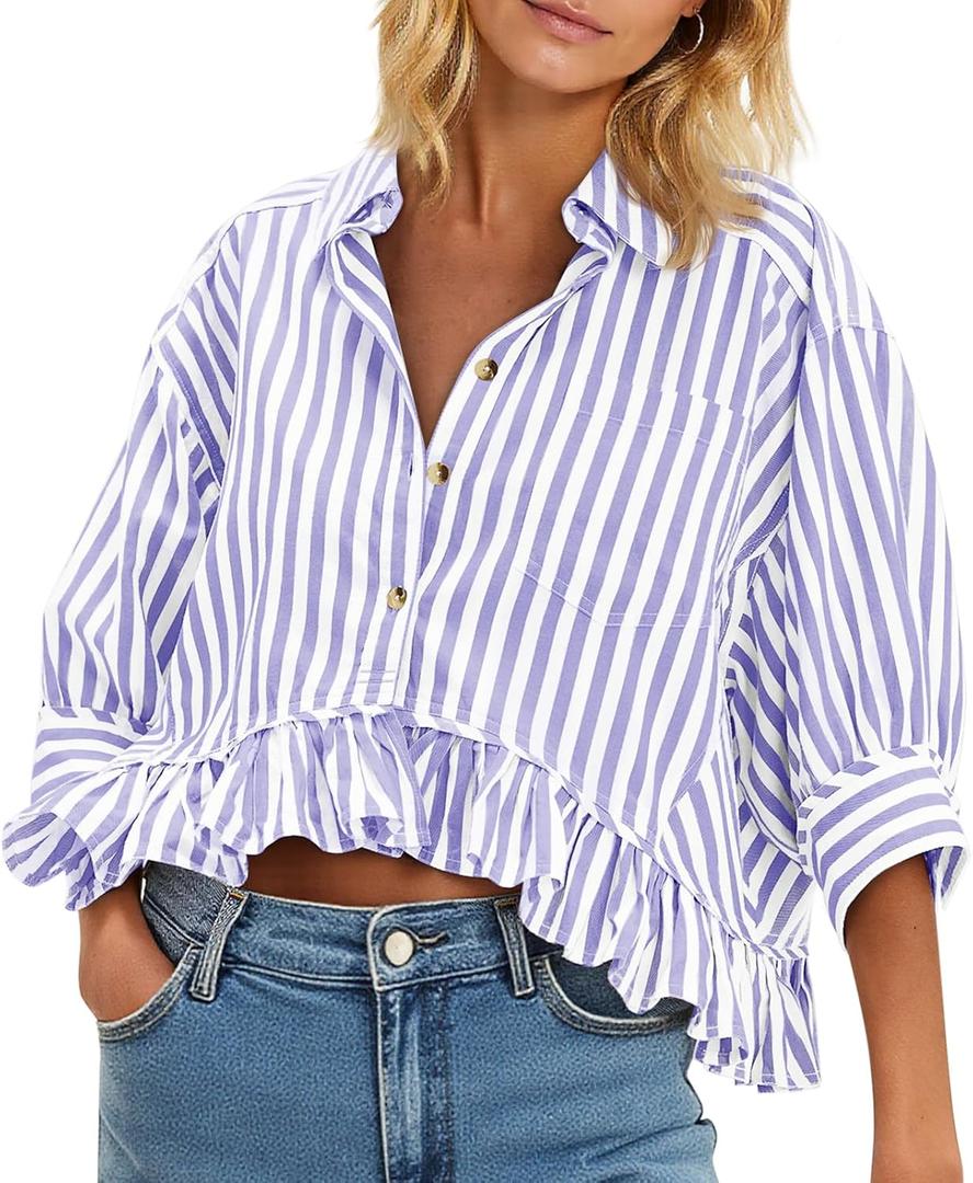 Cicy Bell Womens Cropped Striped Button Down Shirts Ruffle 3/4 Length Sleeve Summer Tops Dressy Casual Blouses (Purple), Size L