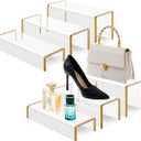 RattanView 6 Pack Clear Acrylic Purses Display Stands, 11" L 5mm Thick Luxury Purse, Handbag, Jewelry & Perfume Risers, Gold Luxury Shoe Display Riser for Closet, Boutique, Vendor Events (3 Tier)