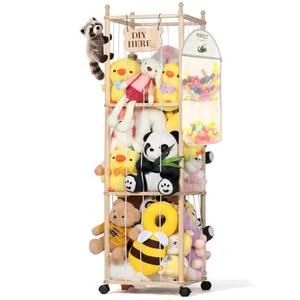 TOMSHUB Stuffed Animal Storage & Organizer, 54 inch Tall Wooden Cute Zoo Toy Holder with Building Block Storage Bag, Space Save Toy Holder with Elastic Cord for Toddler Rooms, Playrooms & Bedrooms
