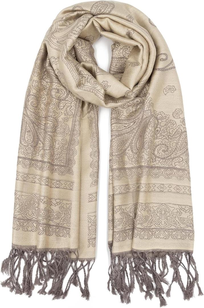 Ciormis Two Tone Silky Paisley Pashmina Shawl Scarf,Soft Women's Rave Jacquard Pashminas Wrap Scarves (Beige&grey Paisley)