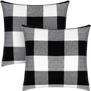 Syntus Set of 2 Buffalo Check Throw Pillow Covers Farmhouse Outdoor Plaid Square Pillow Cushion Case Black and White Polyester Linen for Christmas Thanksgiving Decor Car Bed Sofa, 18 x 18 inches