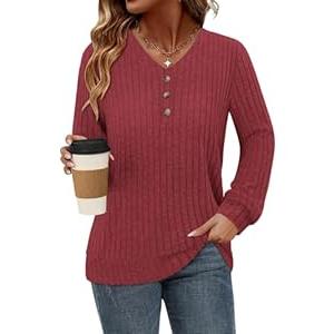 KISSMODA Womens Tops Fall Teacher Shirts Long Sleeve Tunics Loose Fit V Neck Sweaters (Large)