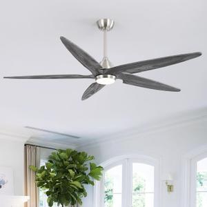 54 Inch Modern Ceiling Fan with Lights and Remote, 5 Wood Blades, 6-Speed Noiseless Reversible DC Motor with Replaceable Downrods for Bedroom Living Room Dining Room, Nickel and Gray