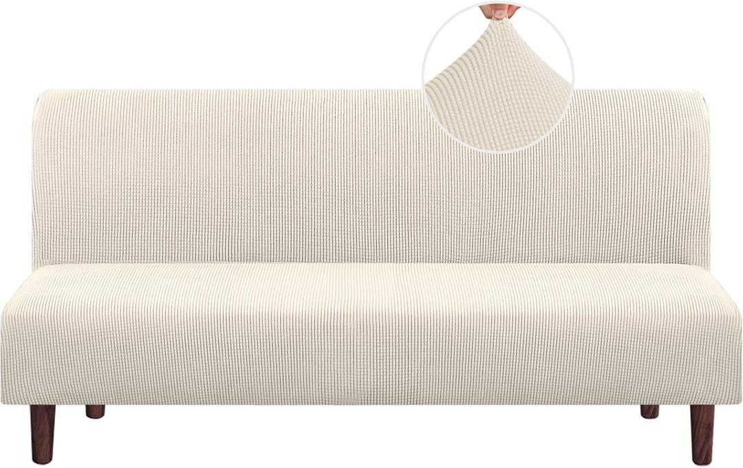PrinceDeco Stretch Armless Futon Cover Futon Slipcover Full Queen Size Couch Cover Futon Sofa Bed Cover Furniture Protector with Elastic Bottom, Machine Washable, Biscotti Beige