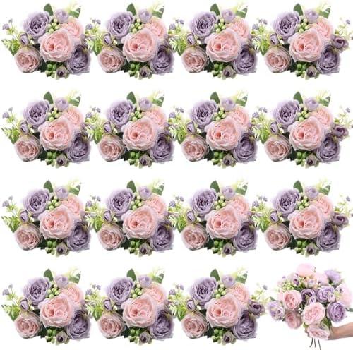 Yuxung 14 Bundles Artificial Peonies Silk Peonies Faux Flower Bouquet Fake Peony Flower Arrangements Table Centerpieces for Vase Wedding Party Boho Home Office Decoration Bulk (Pink, Purple)