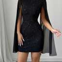 Women's Sexy Glitter Mini Dress Mock Neck Cloak Sleeve Cocktail Shimmering Elegant Dresses Wedding Guest Party Evening (XXL)