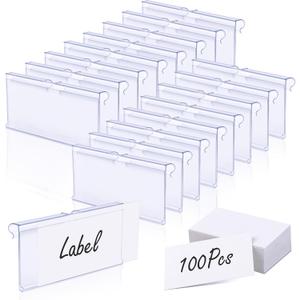 100Pcs Wire Shelf Label Holder, Clear Plastic Labels For Storage Bins, Basket Labels Clip On Storage Bin Labels Clip On Wire Rack Labels Merchandise Sign Display Holder With Label Insert Included