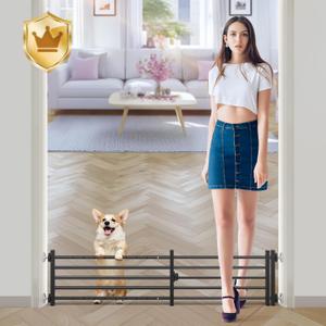 Malier Indoor Dog Gate with Door, 34-55" Extra Wide Full Metal Pet Gate Short Dog Gate for Stairs, Pressure Mount 10'' Tall Small Puppy Low Gate Easy Step Over for Doorways, Black 