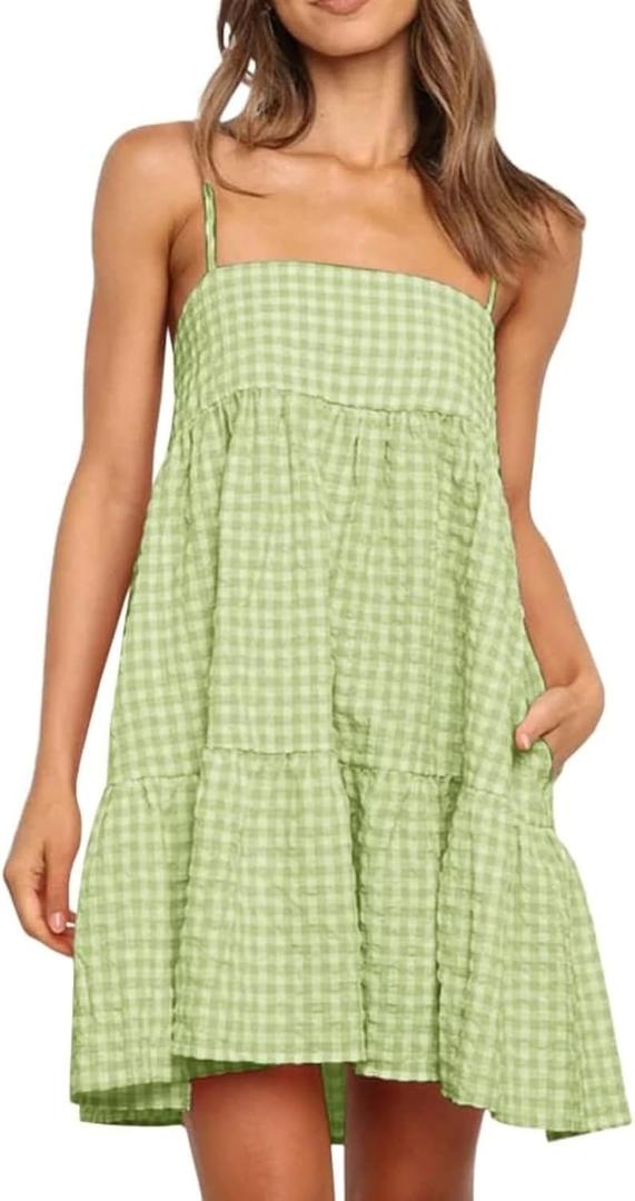 Wenrine Womens Summer Plaid Mini Dress Casual Spaghetti Strap Sleeveless A Line Beach Sundress with Pockets (Small, Green)