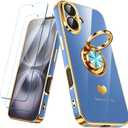 Compatible for iPhone 16 Case with 2 Pack Screen Protector, 360 Rotatable Ring Holder [Luxury Hearts Pattern] Plating Gold Edge Slim Soft Phone Cover Case for iPhone 16 - Lake Blue