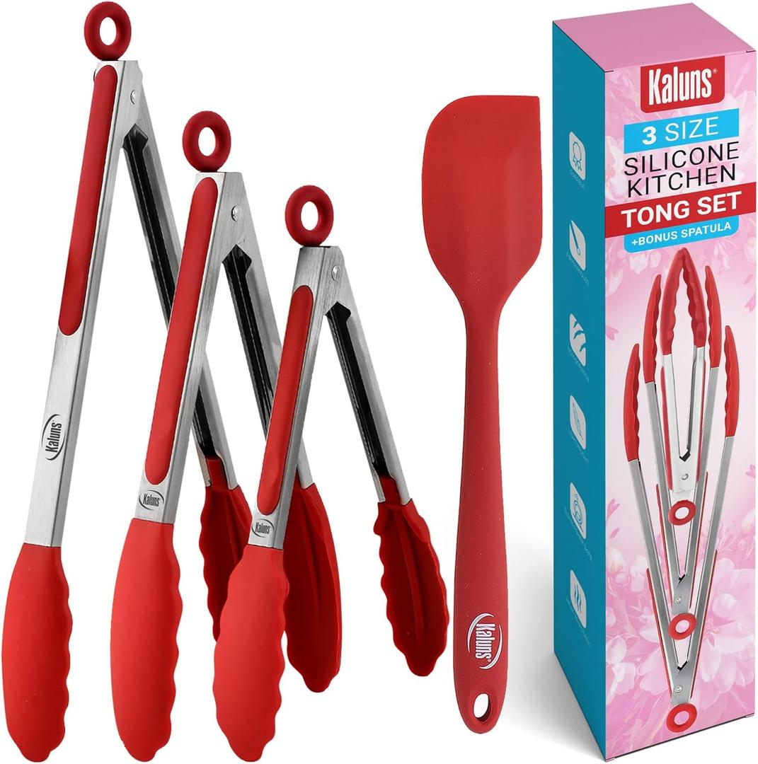 Kaluns Kitchen Tongs for Cooking Grilling Set of 4, BBQ Grill Tongs With Silicone Tip Stainless Steel Heat Resistant, Non-stick Pull Lock, Incl 7, 9, 12 Inch Tong Plus a Silicone Spatula (Red)