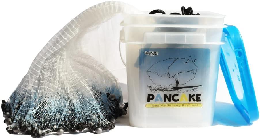 BasicGear Pancake Cast Net, 12ft Radius with 3/16 inch Mesh, Pure Lead 1.25 LB for Freshwater and Saltwater, Professional Grade and Upgraded Material, Throw Style for Bait Trap Fish