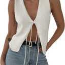 Women Crochet Knit Vest Top Y2k V Neck Sleeveless Vintage Hollow Out Crop Tops Summer Casual Streetwear (White, M)