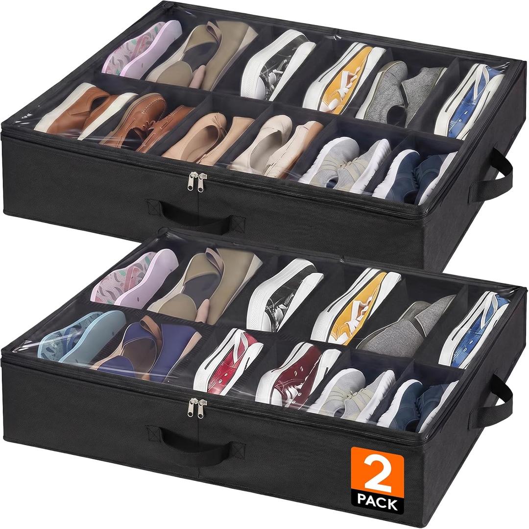 Lifewit Under Bed Shoe Storage Organizer 2 Pack(12 Shoes Cells), 4.3 Inches Profile Fabric Shoes Container Box with Clear Cover, Foldable Storage Bag with 2 Handles, Fits 12 to 24 Pairs