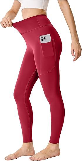 High Waisted Leggings for Women 25"/28" Inseam with Pockets Tummy Control Buttery Soft Yoga Pants (X-Small, Red)