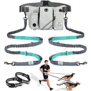 SHINE HAI Retractable Hands Free Dog Leash with Dual Bungees for 2 Dogs, Adjustable Waist Belt, Reflective Stitching Leash for Running Walking Hiking Jogging Biking Black - Gray