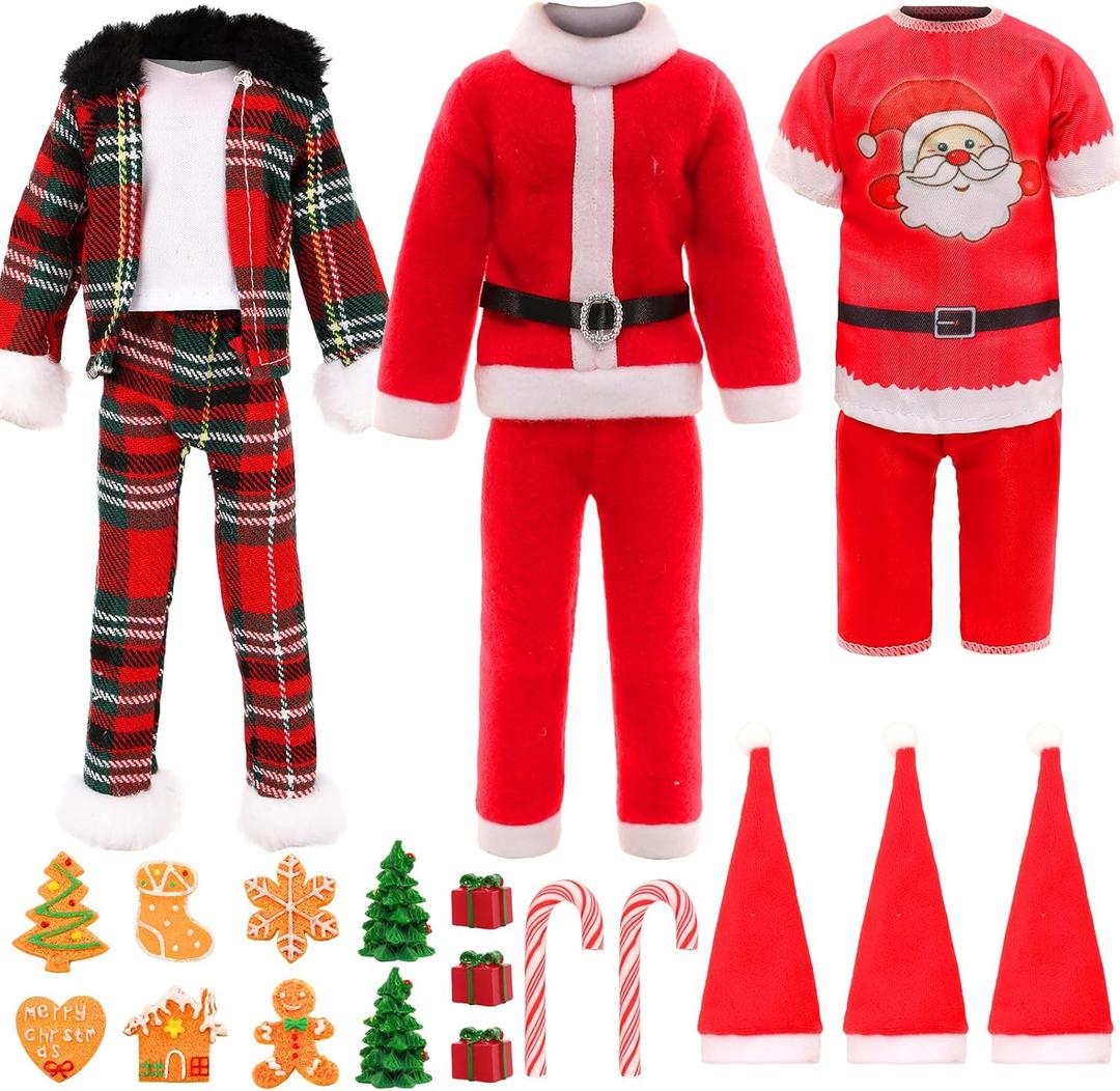Miunana 12 Inch Boy Doll Christmas Costume and Accessories 17 PCS Male Doll Red Clothes and Hats Merry Christmas Dollhouse Decorate