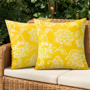 Decorative Outdoor Floral Pillow Covers Set of 2,Waterproof Boho Farmhouse Throw Pillows Summer Accent Pillowcases for Patio Furniture Garden Sofa 18x18 Inch, Yellow