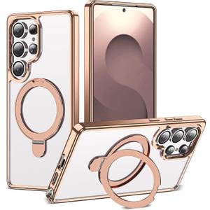 Compatible with Samsung Galaxy S25 Ultra Case with Magnetic Ring Stand [Compatible with Mag-Safe] Shockproof Plating Clear Phone Case for Samsung S25 Ultra 6.9", Desert Gold