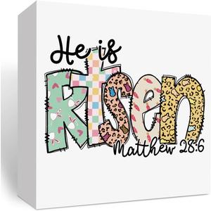 Christian Easter Decor, Easter Bible Verse Decor, Easter Jesus Decor, Easter Bunny Retro Cross Decor, Wooden Box Decor for Rustic Home Bedroom Living Room Table Shelf Office-He is Risen Matthew 28:6