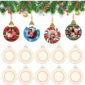 COCHIE Wooden Christmas Photo Ornaments Crafts to Paint for Christmas Tree Decorations, Color Your Own Xmas Picture Frame Hanging Ornament Craft for Painting Set of 10 (Christmas Ball)