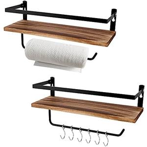 PHUNAYA Floating Shelves,Wall Mounted Shelf for Kitchen,Living Room,Bedroom,Bathroom Storage,Rustic Wood,Set of 2(Carbonized Black)